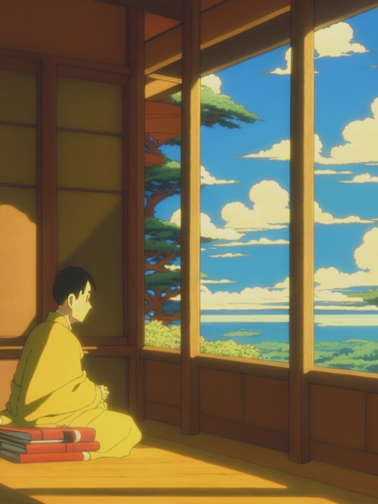 08294-2412209098-DVD screengrab from studio ghibli movie, monk studying, many books, japan, directed by Hayao Miyazaki, beautiful, golden hour, r.png